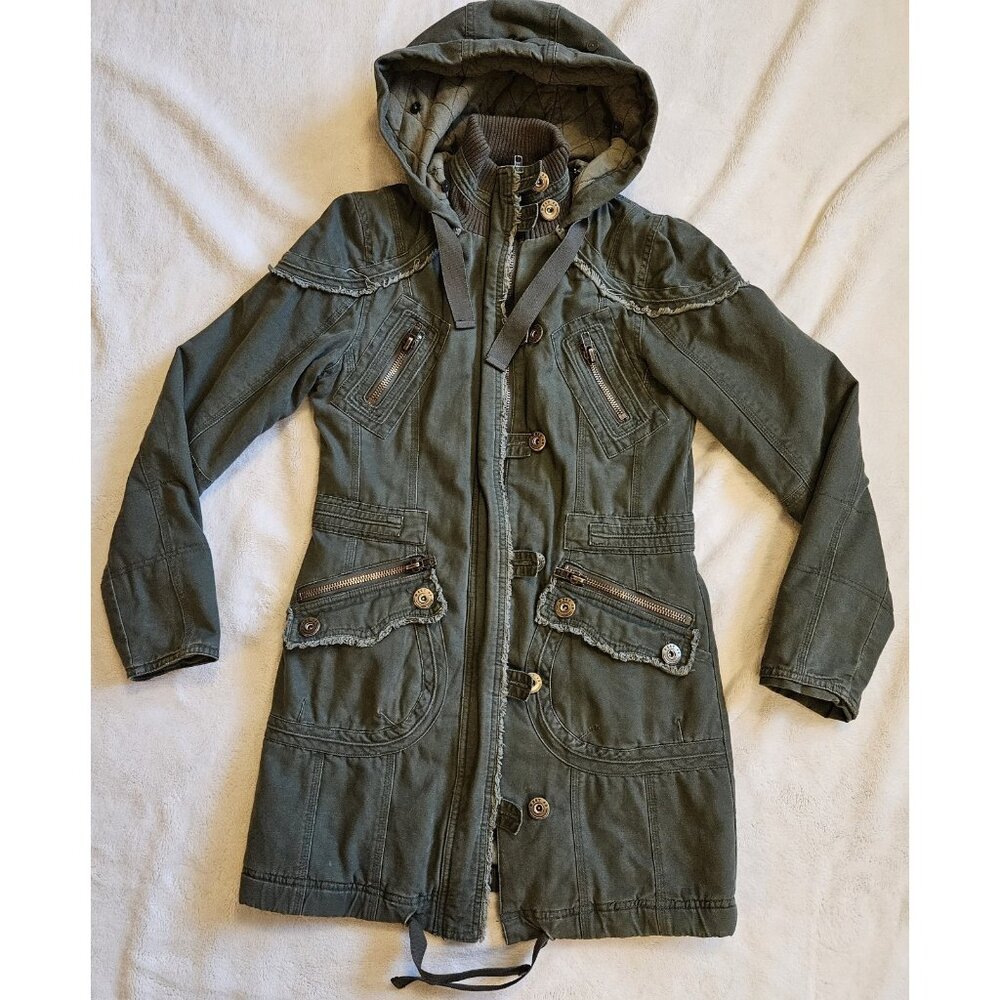 West 49 Hooded Overcoat Winter Jacket Multi Pockets Green Size Small